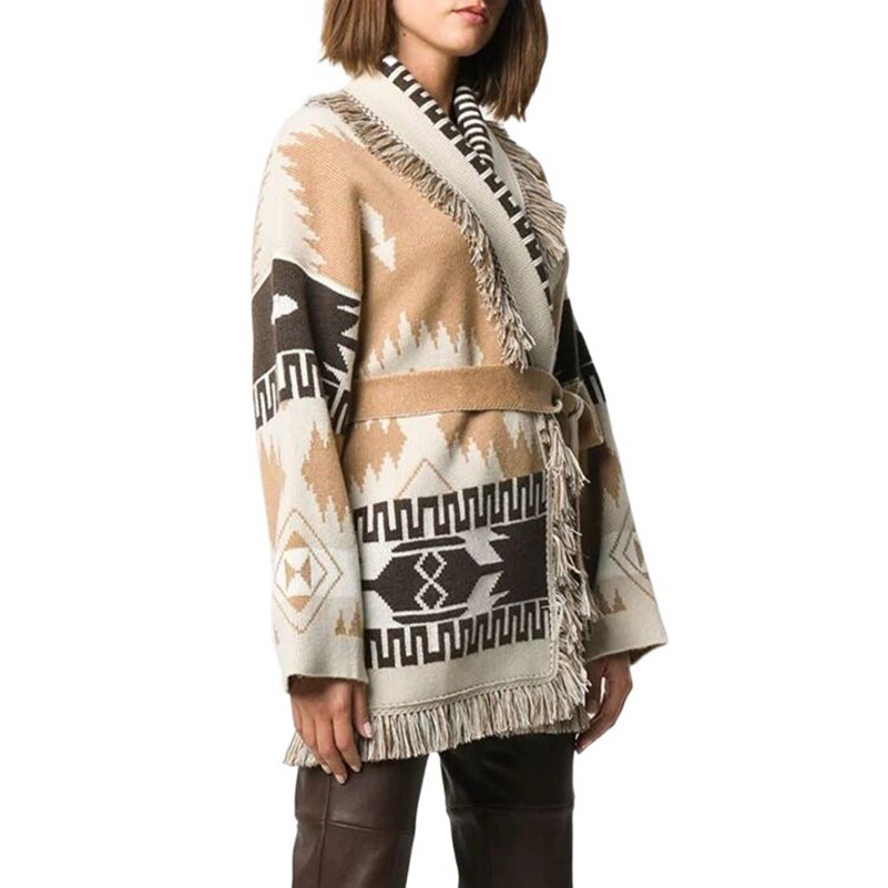 853971G01 Women's Outerwear & Coats Autumn and Winter Long Sleeves Cape Wool Blend Knitted Cardigan Loose Bohemian Vintage Jacquard