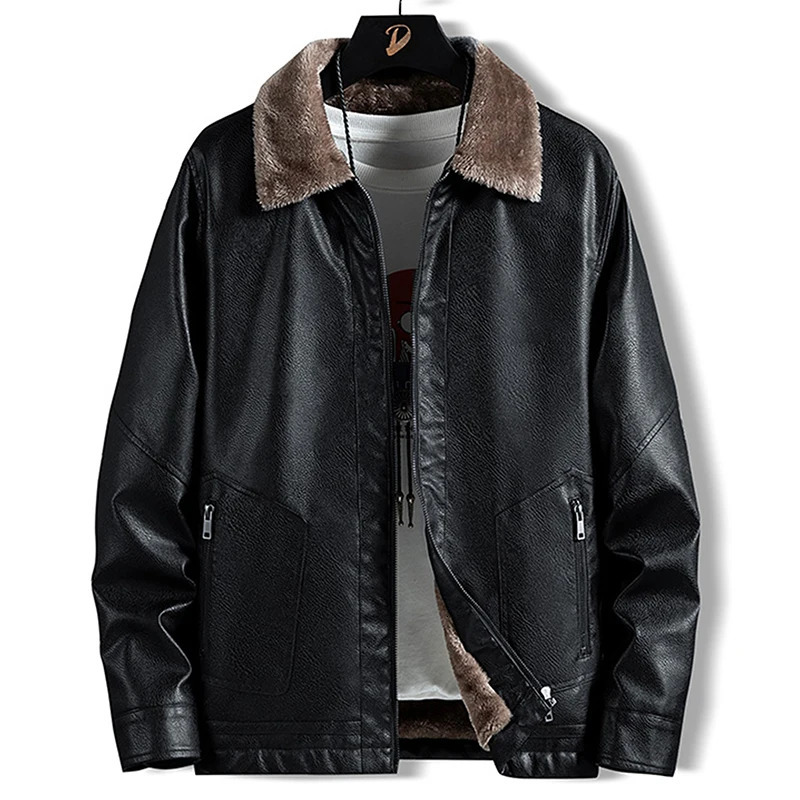 Vintage Black Leather Jacket for Men AutumnWinter Faux Fur Collar Windproof Warm Coat Mens Fashion 250616