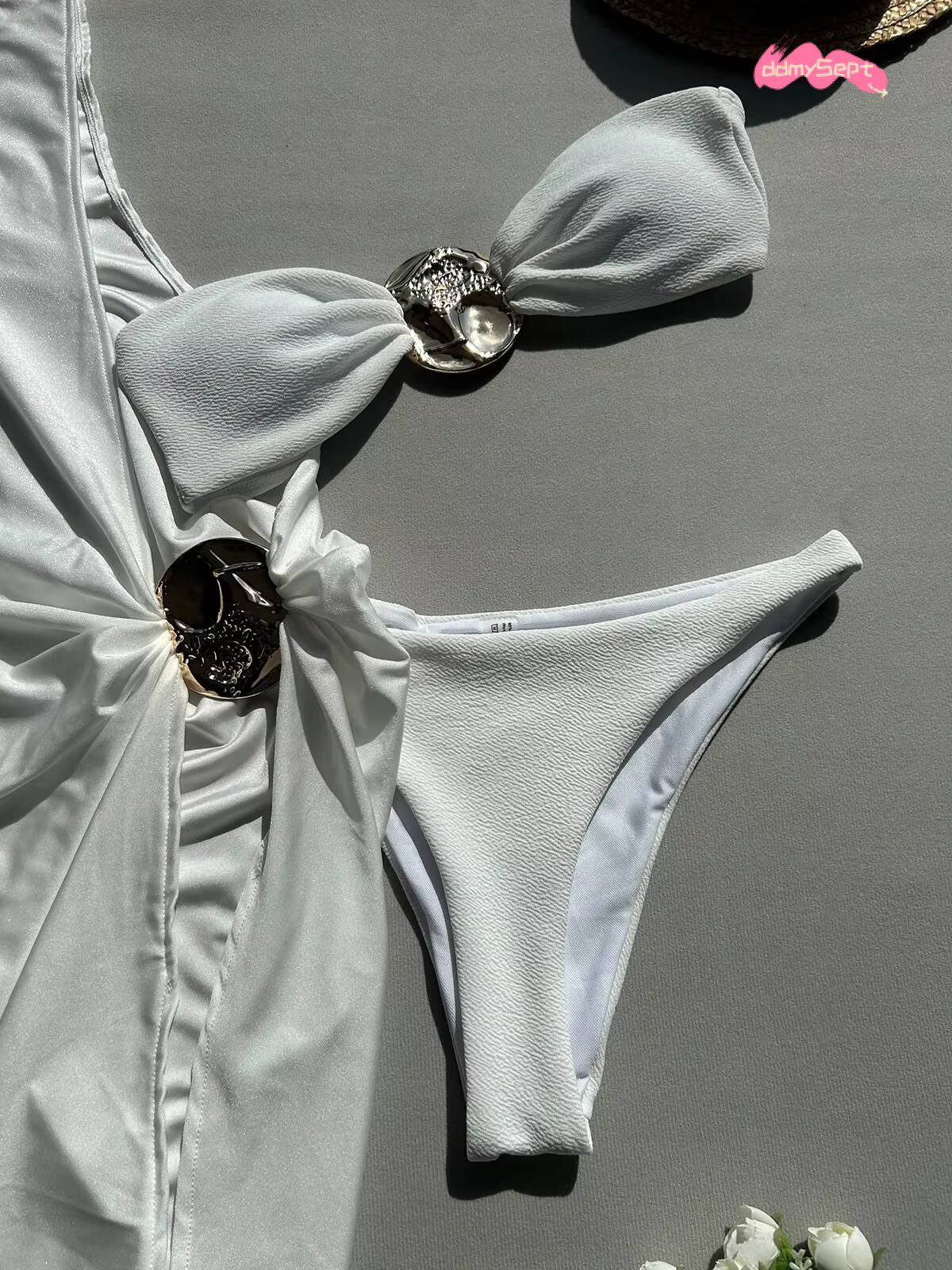 Soldi Color White 3 Piece Swimsuit for Women Sexy Mesh Single Shoulder Robe Cover-ups Bikini Set Strapless Bathing Suit 2025 New ddmysept