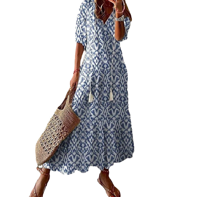 L3191Casual sweet loose V-neck printed hanging beard mid-sleeve long dress