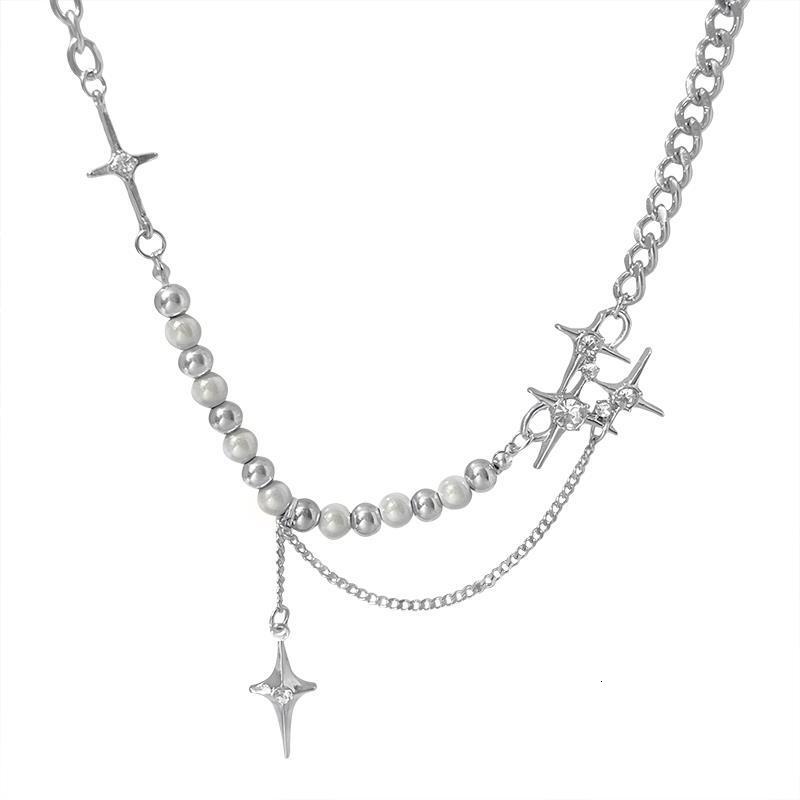 Luxury Premium Y2K Spice Girl Iridescent Pearl Cross Steel Trendy Hip Hop Streetwear Splice Collar Statement Chain for Women Silver fashion jewelry ne