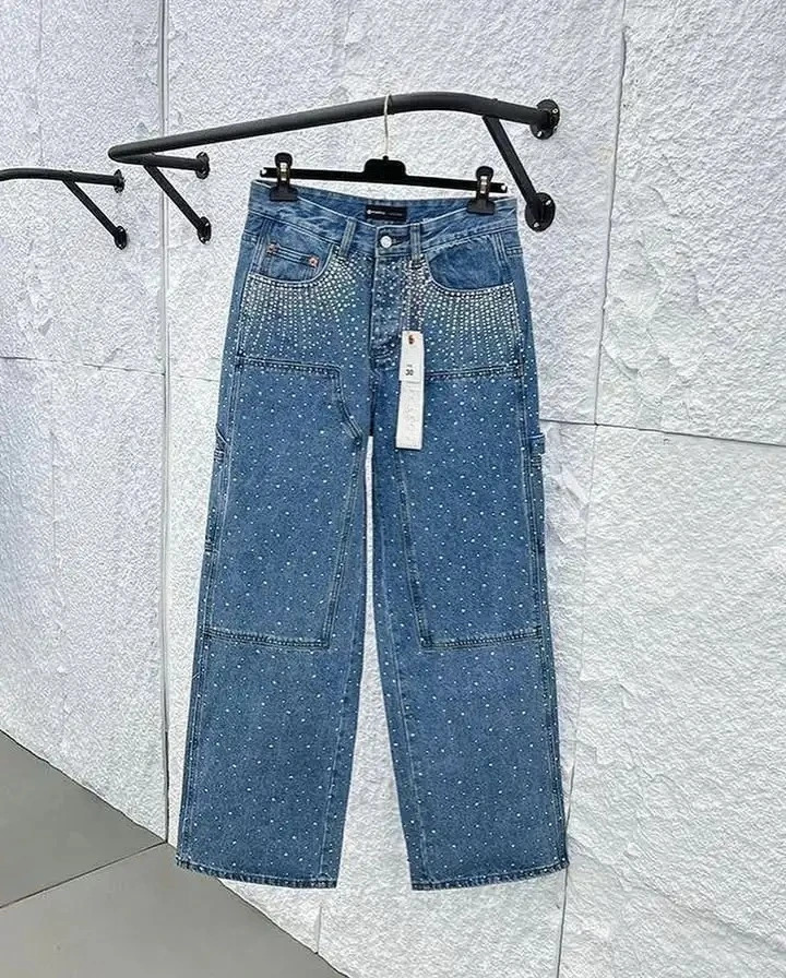 Vintage Full Diamond Sequined Shiny Jeans Y2K Clothes Mens Womens Harajuku Hip Hop Retro Baggy Jeans Low Waist Wide Leg Trousers 250617