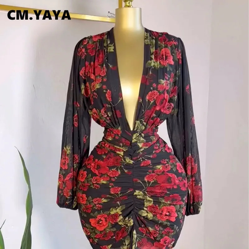 CMYAYA Women Full Sleeve Floral Print Vneck Elegant Long Dress Ruched Holiday Birthday Evening Sexy Party Dresses Vestidos 250609