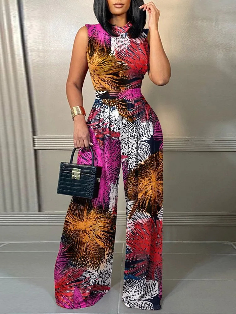 Elegant Women Wide Leg Long Juumpsuit Spring Summer Fashion Printed Sleeveless Casual Holiday Bodysuits Jumpsuits Trousers 250618