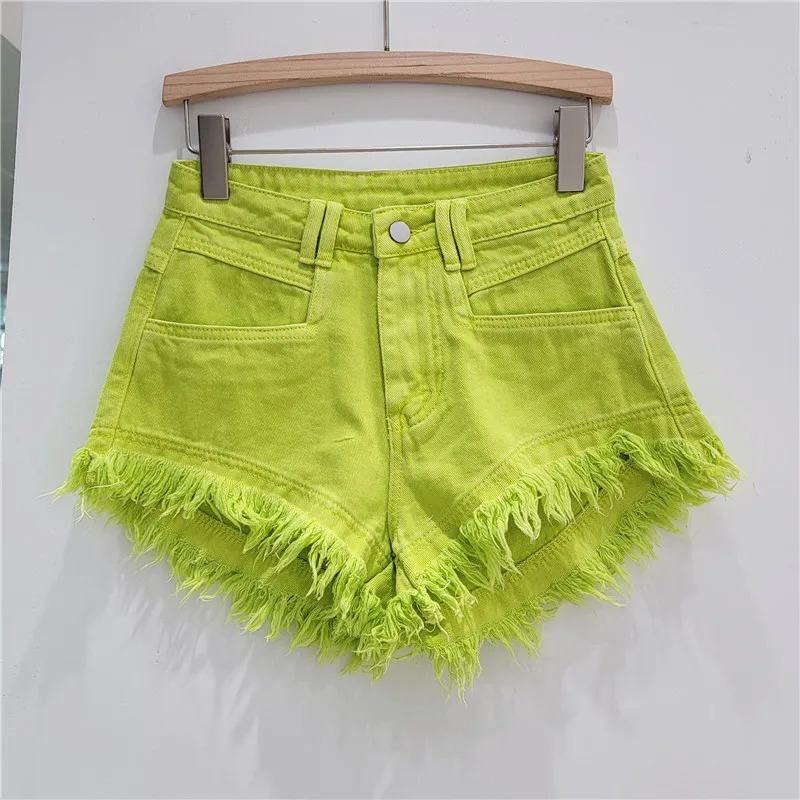 Orange Denim Shorts Women Green Pants Summer Womans Clothing All-Match Ins Fashion Wide-Leg Ripped Tassel Shorts 250614