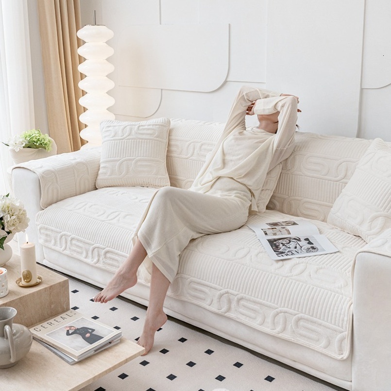Thick Short Plush Fabric Non-Slip Modern New White Light Luxury Seat Cushion Anti-Cat Scratch Sofa Cover