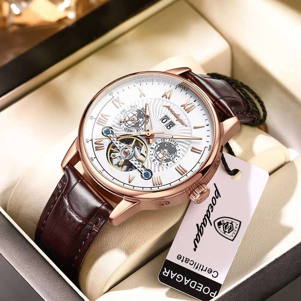 DHgargets Automatic Mechanical Tourbillon Business Casual Date&Week&Month Luminous Waterproof Leather Men Watch Hot Relojes
