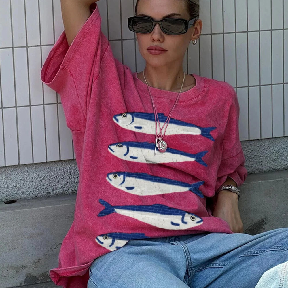 Gojo Cartoon Salted Fish Print Womens Loose T-Shirt Oversized Wash Short Sleeve Summer 2025 Fashion Casual Top 250618