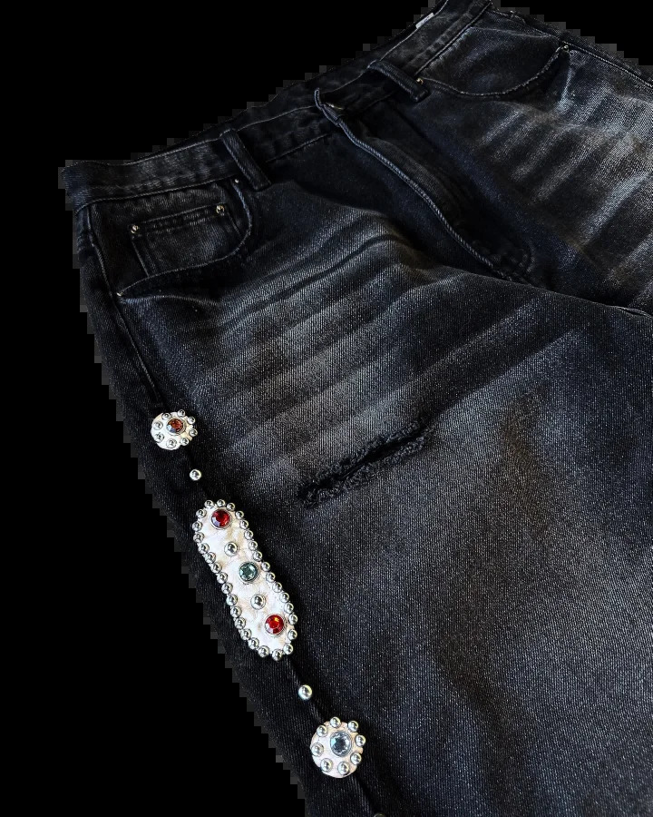 Sorrows Rhinestone Embellished Black Jeans Y2k Punk Vintage Black Streetwear Baggy Wide Leg Jeans Men Women Ripped Denim Pants 250617
