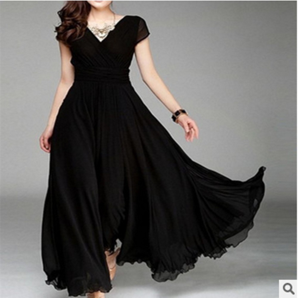 X619Cross-border V-neck short-sleeved Bohemian chiffon waist dress evening gown