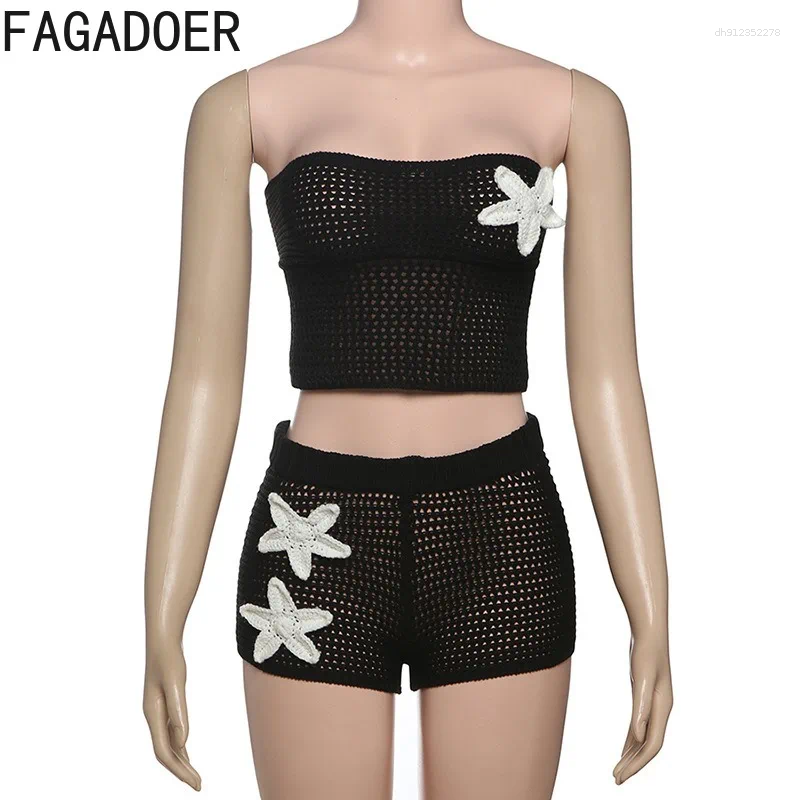 Women's Tracksuits FAGADOER Sexy Knitted Flower Hollow Out 2 Piece Sets Woman Outfit Sleeveless Backless Tops Shorts Suits Female Streetwear