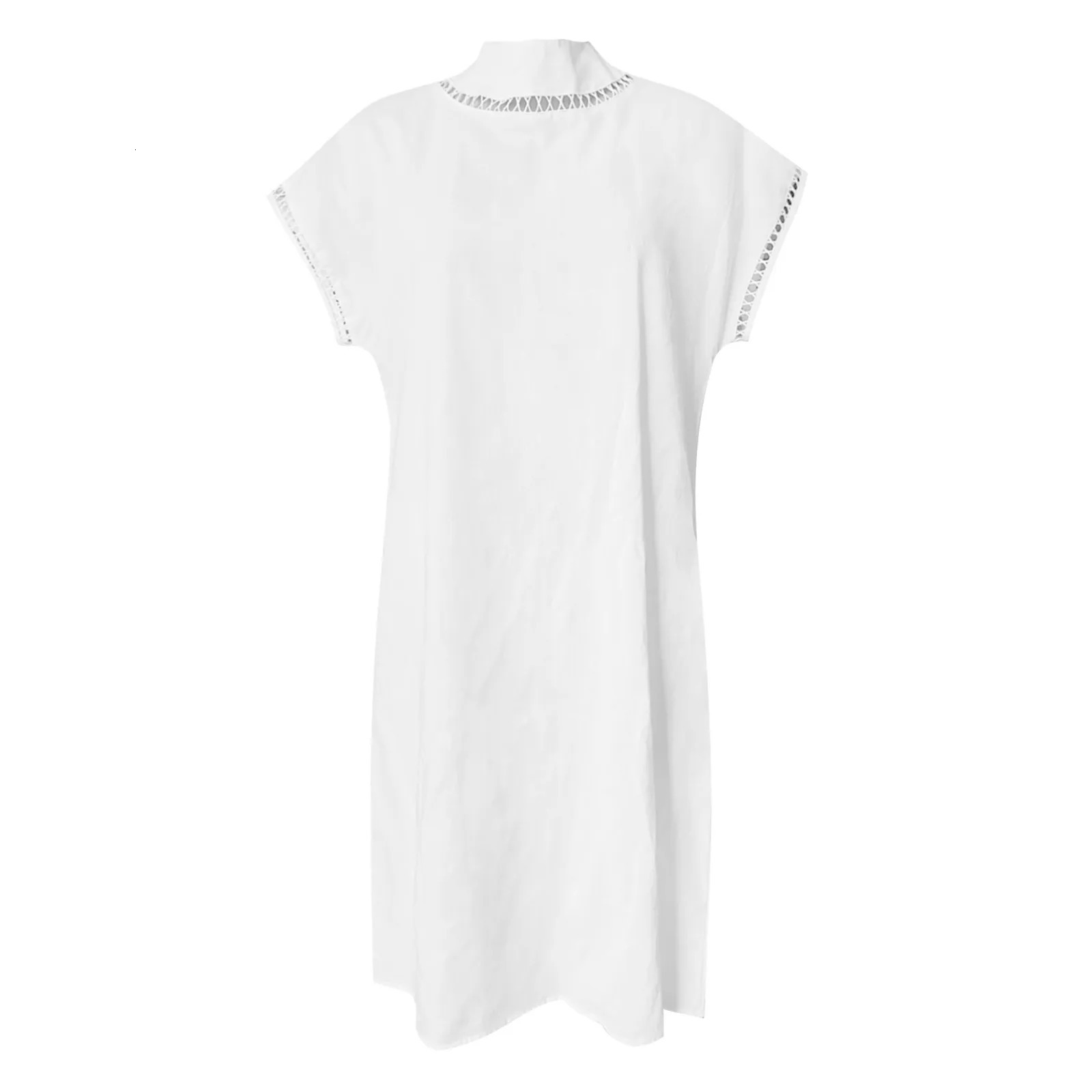 Casual White Cotton Linen Dresses for Women Pullover Loose Medium Length Dress Retro Stand Collar Short Sleeve Boho Party Dress 250618