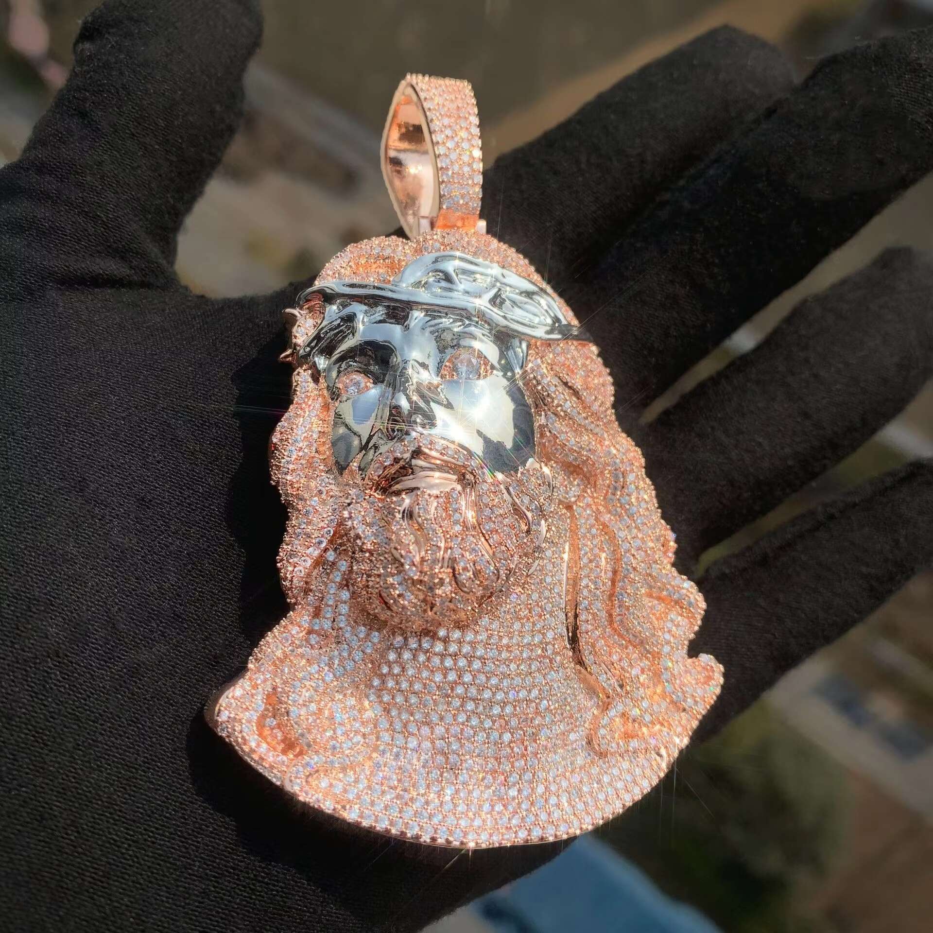 Two Tone Huge Spooky Silver Jesus Face Head Zircon Crown Charm Jumbo Pendant Cubic Zirconia Necklace