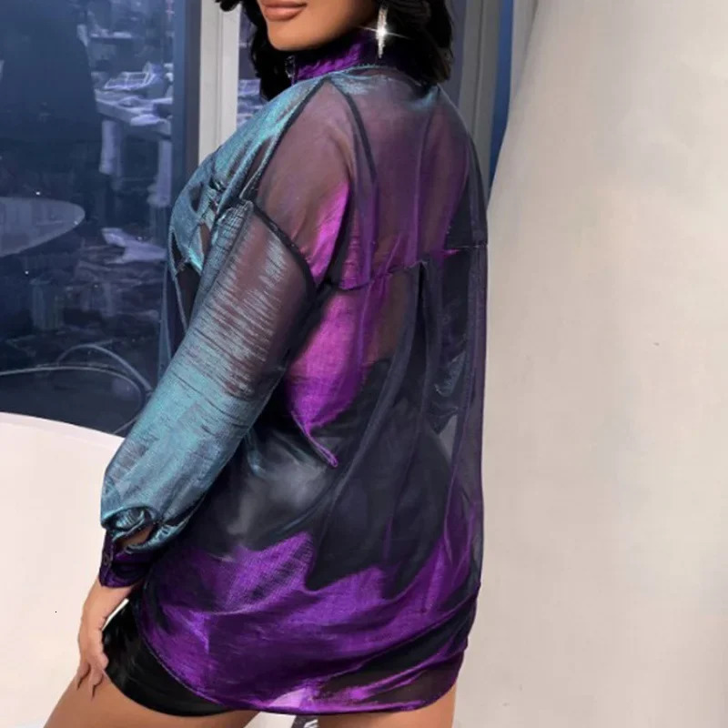 Fashionable Laser Holographic ColorChanging Silk Shirt Long Sleeves Loose Fit Elegant n Womens Blouse With Button 250617
