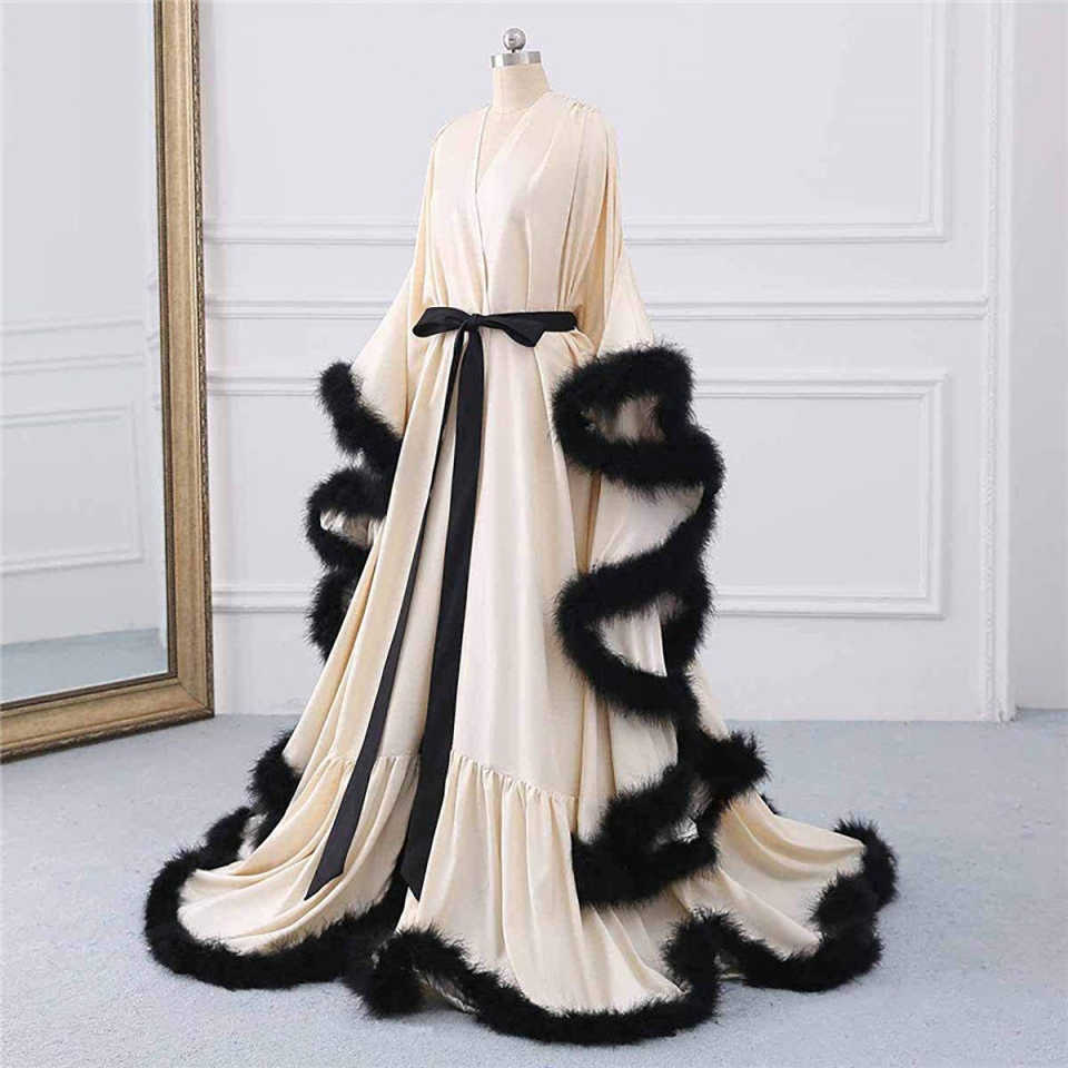 Vintage Slik Robe Dress Feather Bath Gown Long Sleeves Pregnant Wedding Anniversary Bride Sleepwear Nightwear Custom Made