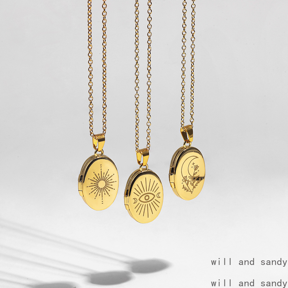 Non Tarnish Photo Hold Picture Oval Pendant Locket Necklace 18K Gold Plated Moon Sun Charm Souvenir Memorial Jewelry for Women Valentine Anniversary B