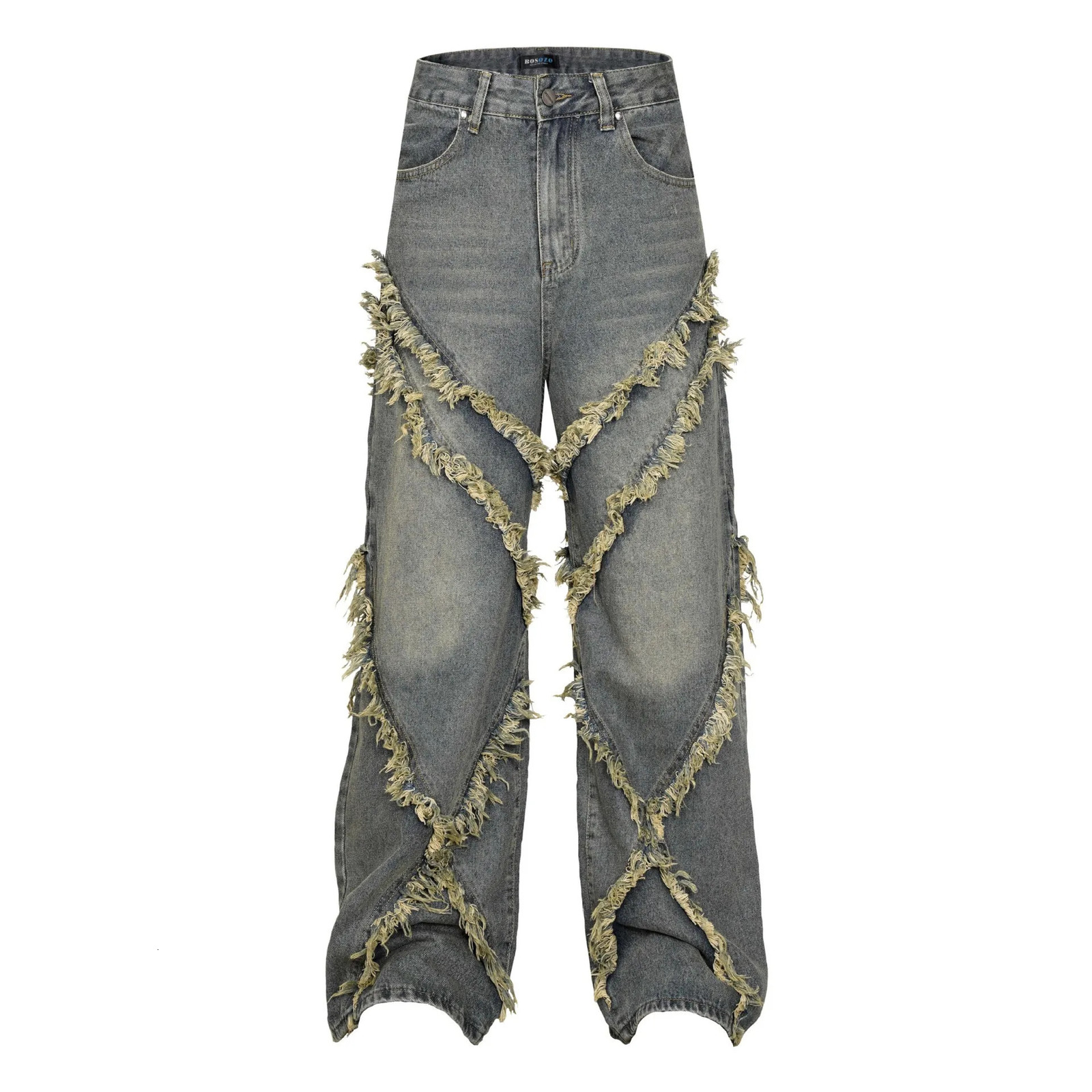 High Street American Washed Old Splicing Cat Whisker Jeans Mens and Womens Same Trendy Loose Wide Leg Straight Pants 250617