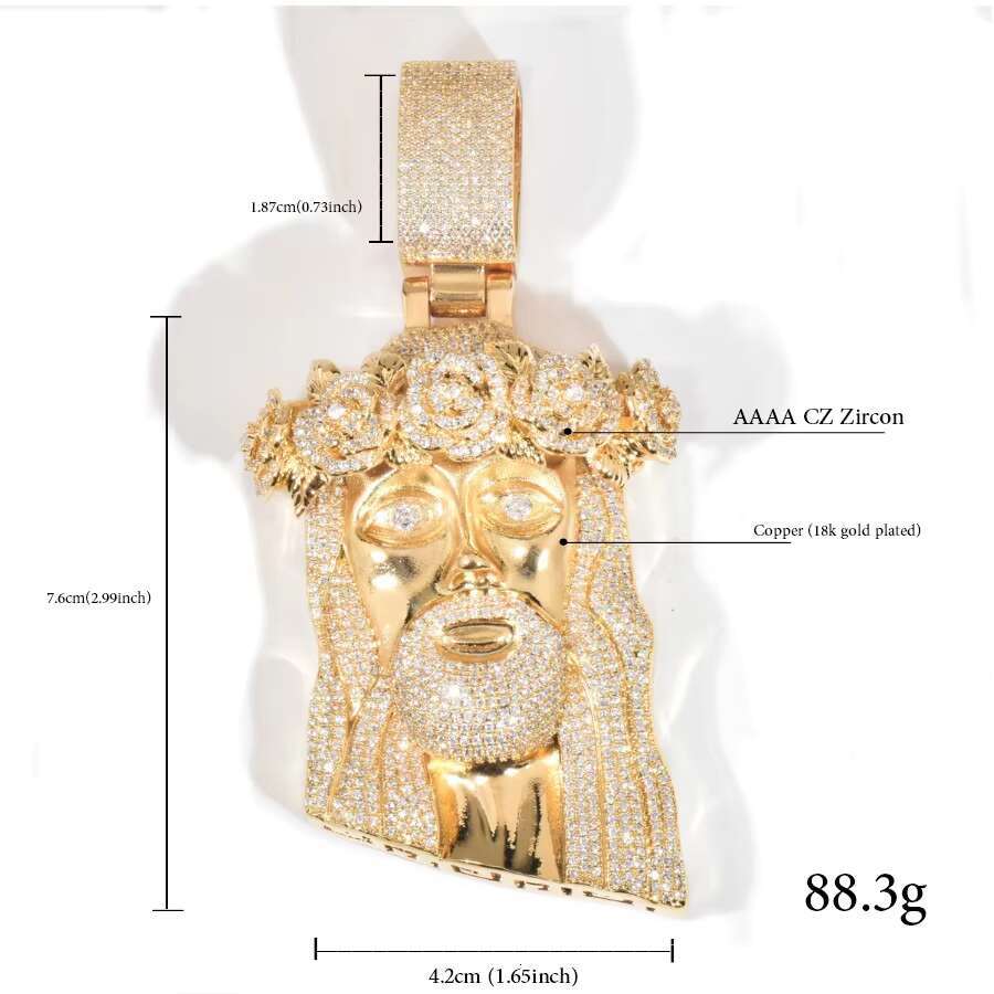 Rose Gold Twe Tone Huge Spooky Big Jesus Head Zircon Charm Iced Out Rose Crown Jumbo Pendant Cubic Zirconia Necklace for Men