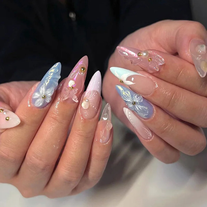 24pcs Almond False Nails Tips Summer Beach Colorful Nails Sets with Pearl Flower n Press on Nails Art Wearable Fake Nail 250611
