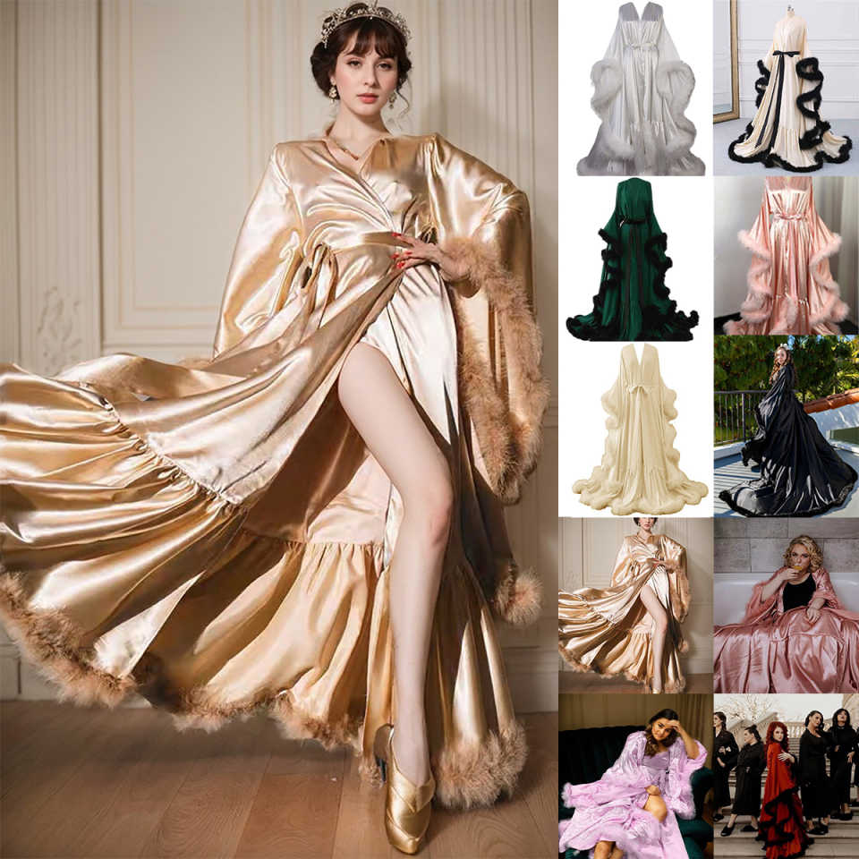 Vintage Slik Robe Dress Feather Bath Gown Long Sleeves Pregnant Wedding Anniversary Bride Sleepwear Nightwear Custom Made