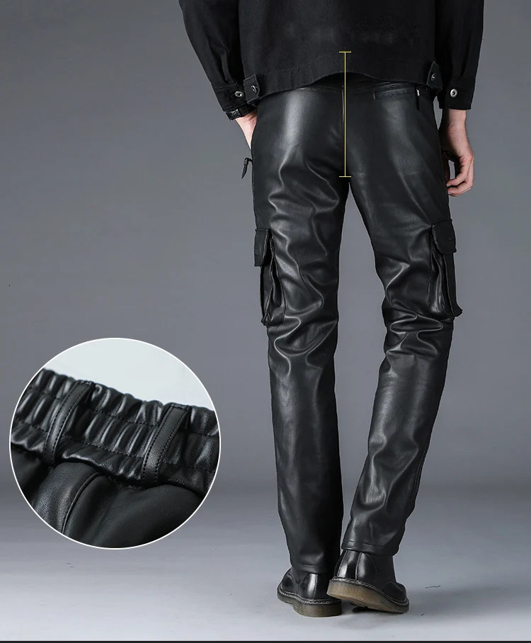 Men's Multi Pockets Motorcycle Soft Waterproof Windproof Biker Workwear PU Faux Leather Cargo Pants y250614