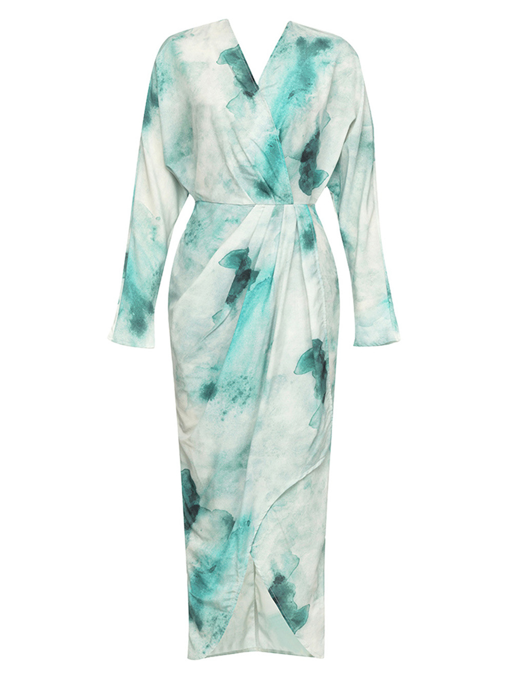 H618European and American new simple retro V-neck long sleeve side slit irregular dyeing dress dress