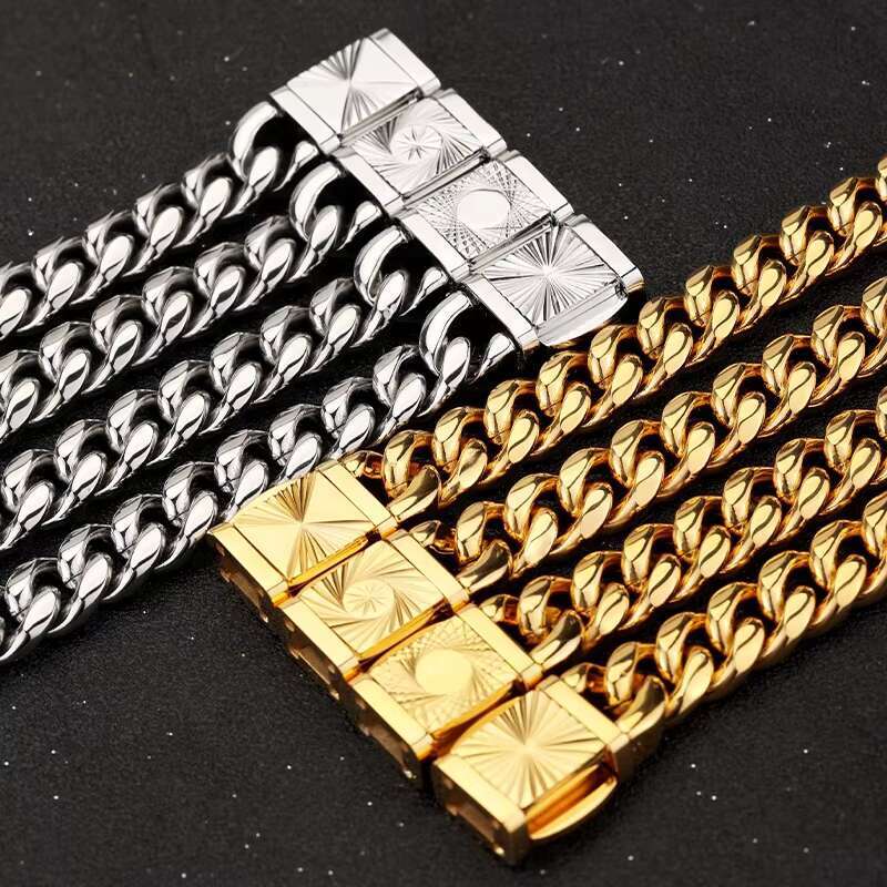 Wholesale Custom Hip Hop Stainless Steel 14K 18K Gold Plated Engraved Lock Clasp Miami Cuban Link Chain