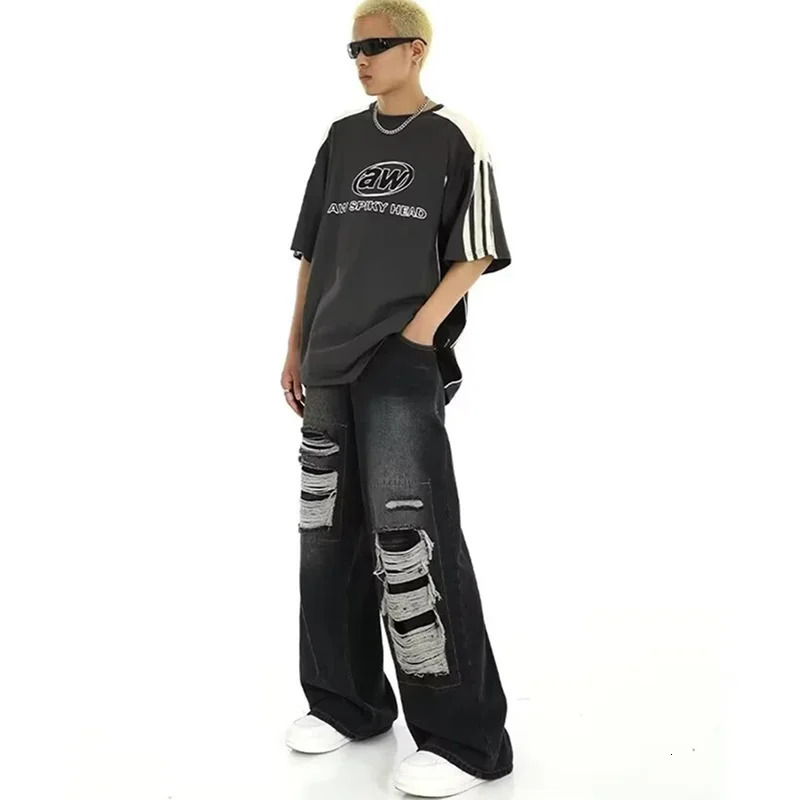 Hole Patchwork Baggy Jeans Man Pants American Vintage Straight Wide Leg Pants Hip Hop Street Punk Y2k Jeans Loose Denim Trousers 250617