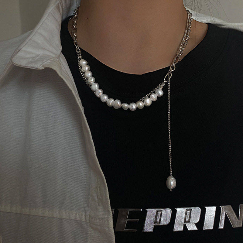 Freshwater Pearl Spliced Tassel Double Layer Necklace Sweet Cool Stylish Design Clavicle Chain Fashion Chic Statement Jewelry for Women