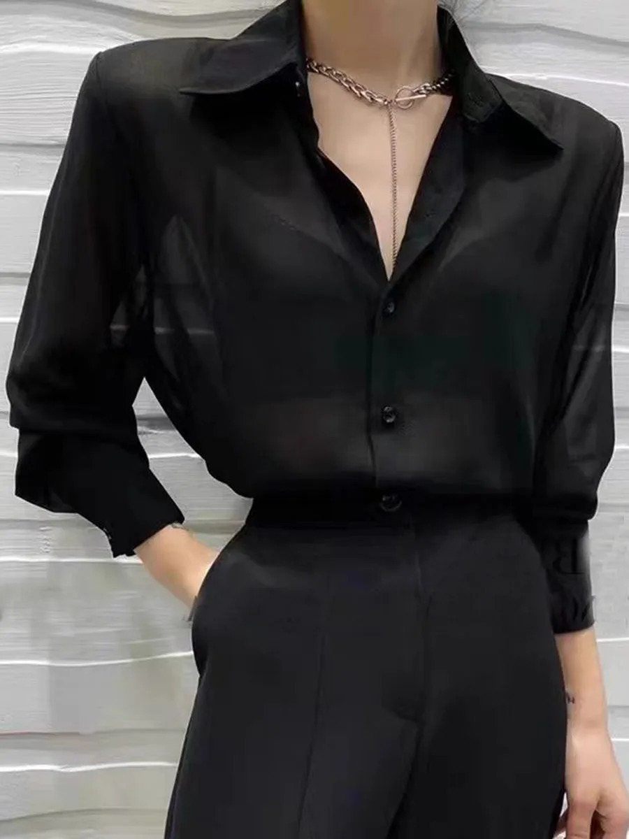 Sun-proof Transparent Shirt Female Mesh Long Sleeve Top Solid Color Summer Loose Chiffon Blouse Korean Fashion Cardigan Ladies 250619