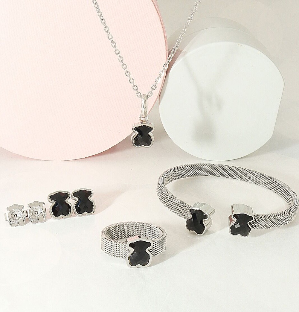 New Arrival Fashion Women Men Gold Stainless Steel Bear Cartoon White Zircon Black Flower Pendant Necklace Earrings Sets Jewelry