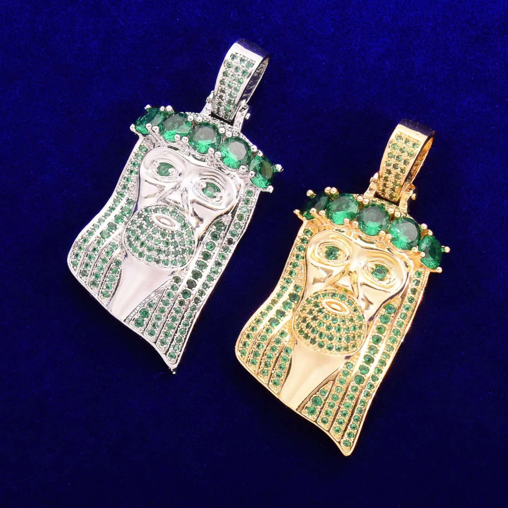 14k Gold Tone Huge Spooky Big Jesus Head Green Zircon Gem Crown Charm Jumbo Pendant Green Cubic Zirconia Necklace