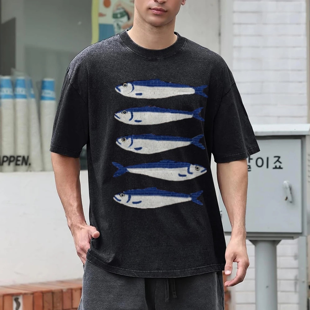 Gojo Cartoon Salted Fish Print Womens Loose T-Shirt Oversized Wash Short Sleeve Summer 2025 Fashion Casual Top 250618