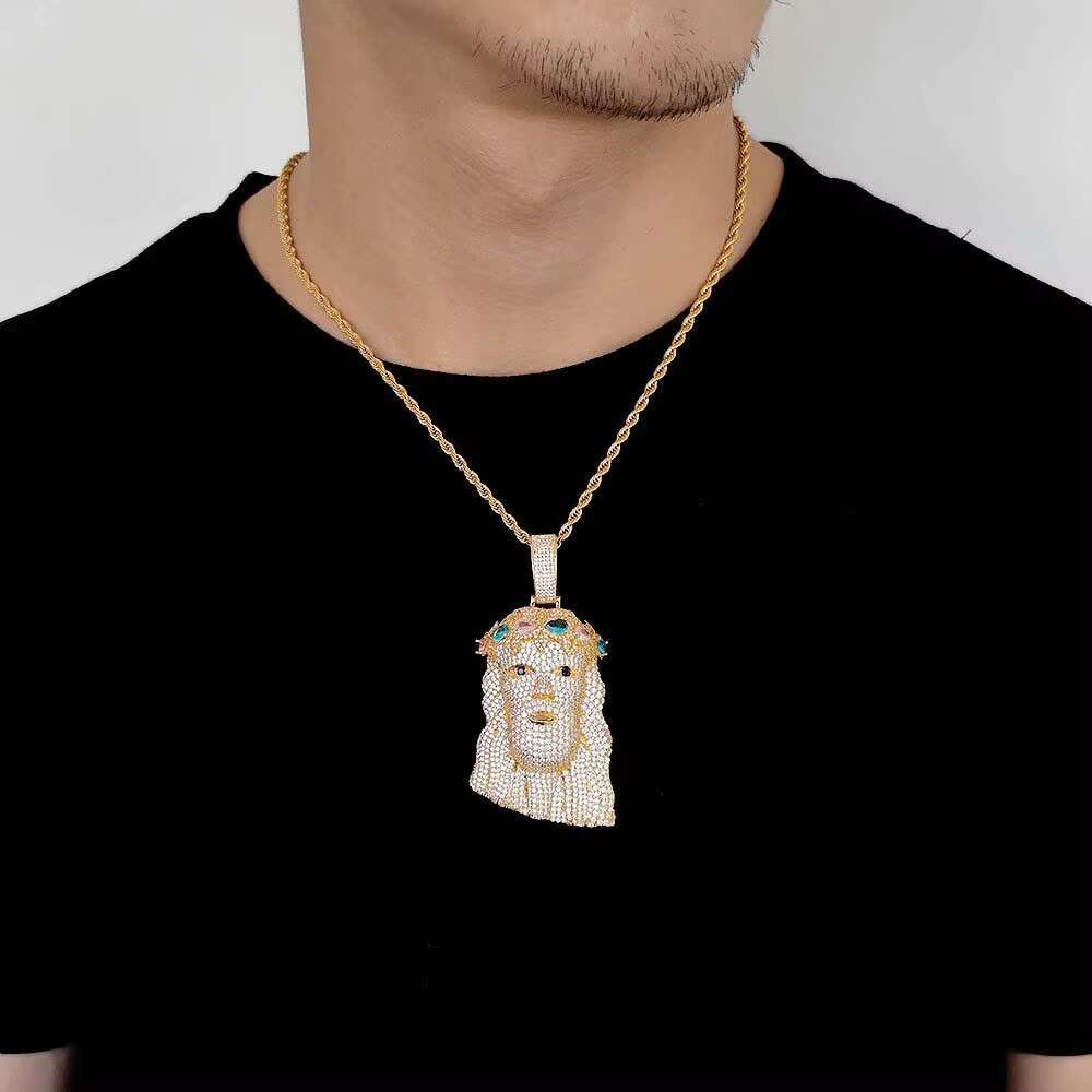 Huge Spooky Sier Icy Jesus Head Zircon Color Gem Crown Charm Iced Out Jumbo Pendant Cubic Zirconia Necklace