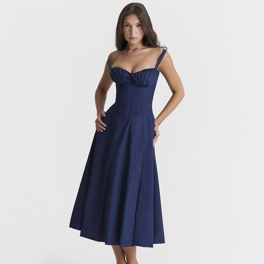 S619New summer French style skirt with waist-hugging straps, slimming A-line slit suspender dress