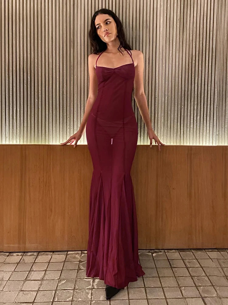 kliou Sexy Mesh Women Maxi Dresses Solid Halter Suspendency Bandage See Through Backless Straight Vestido Banquet Mujer Robe 250616