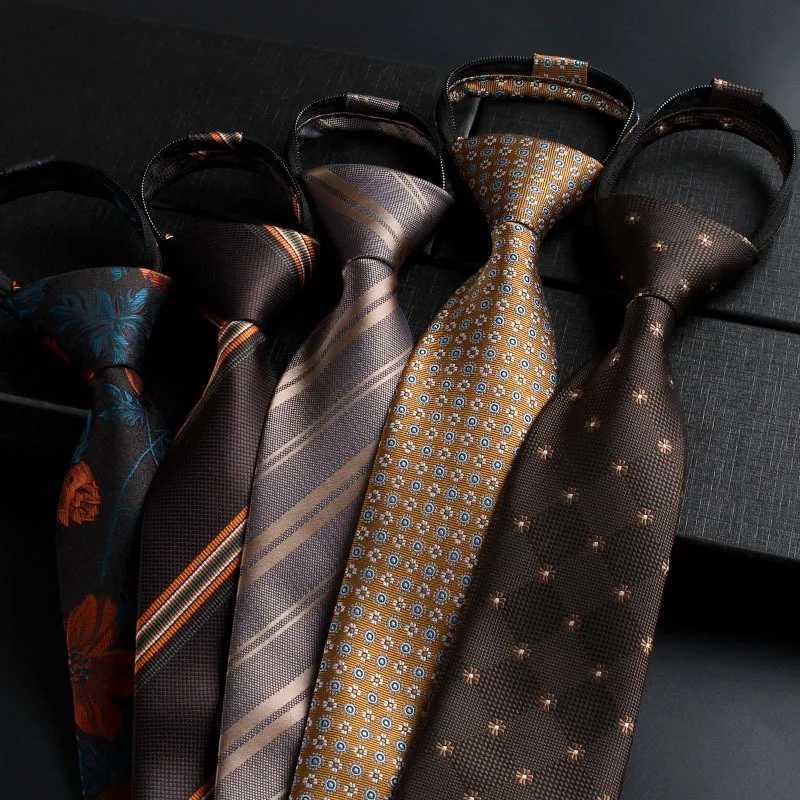 Fashion Retro Tie Mens Champagne Gold Lazy-tie Brown Business Casual Zipper Tie Tide 8cm Male Wedding Party Neck Ties Gents Z250619