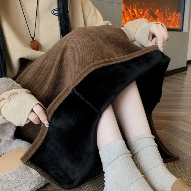 Vintage Elegant Office Ladys A-Line Skirt Back Slit Elastic Waist Thick Womens Skirt In Winter Fleece Warm Females Skirt 250619