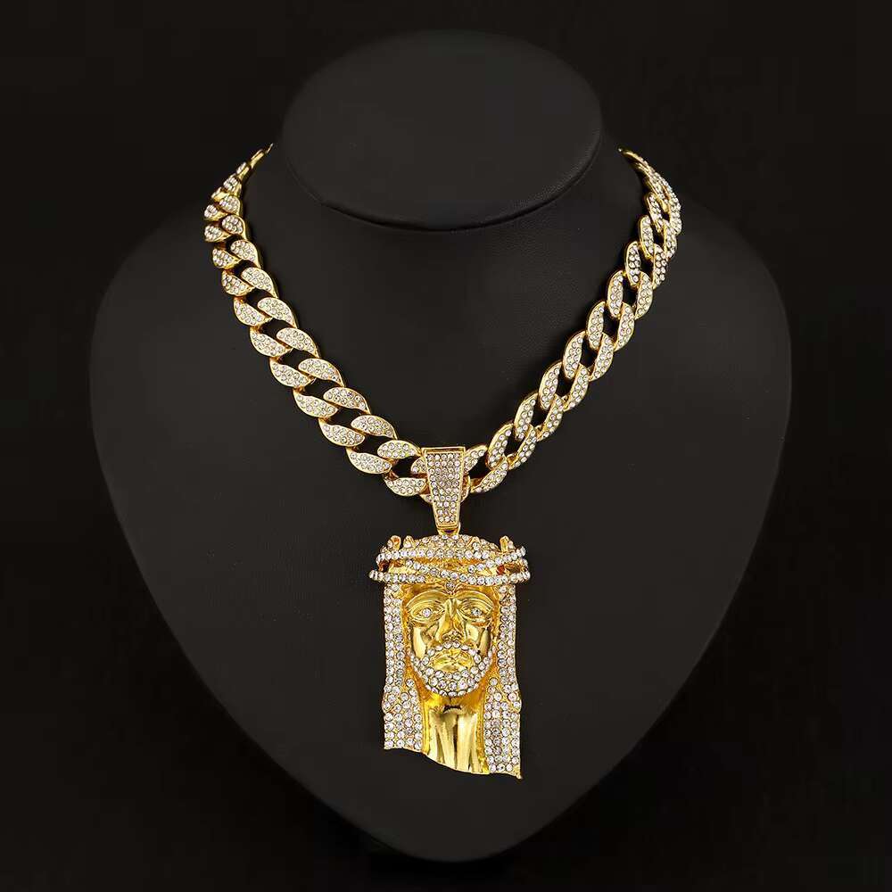 European American Mens Stylish Gold Plated Hip-Hop Necklace Exaggerated Alloy Rhinestone Chains Number Pattern JESUS MAN Face