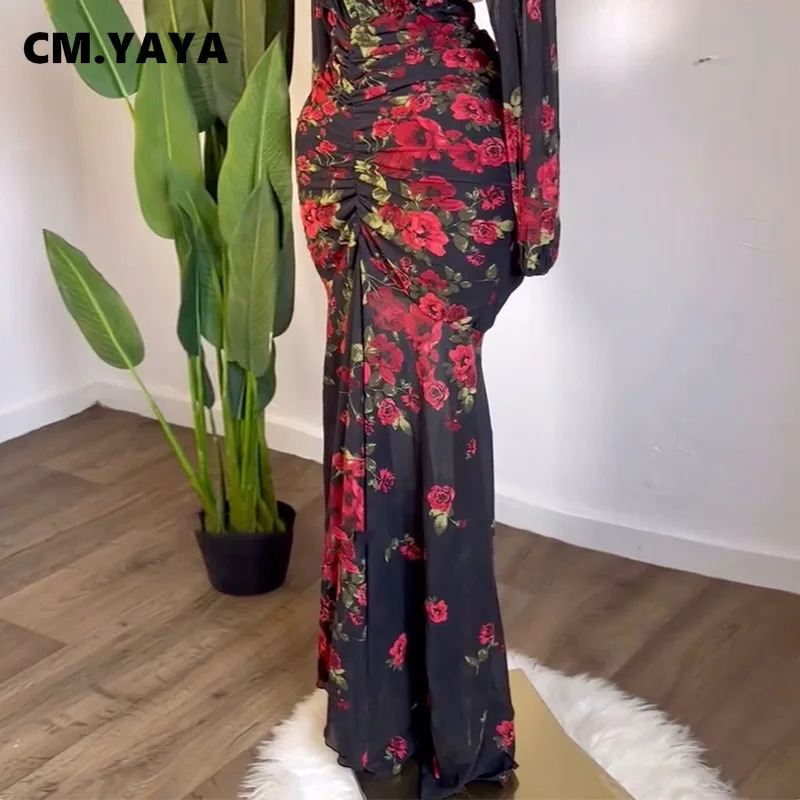 CMYAYA Women Full Sleeve Floral Print Vneck Elegant Long Dress Ruched Holiday Birthday Evening Sexy Party Dresses Vestidos 250609