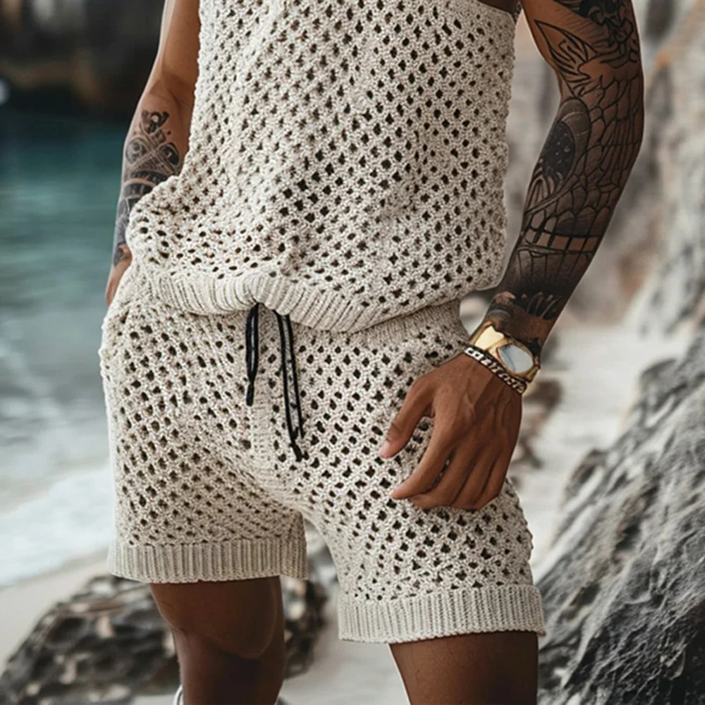 Mens Y2k Hollow Mesh Short-Sleeved Shirt And Shorts Two-Piece Suit Daily Beach Breathable Versatile Simple Suit Summer 250618