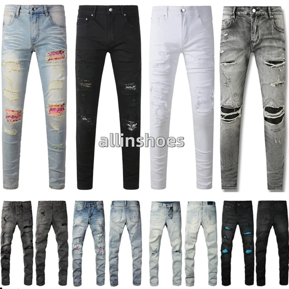 designer jeans man jeans amirajeans men's jeans Ripped High Street Jeans Retro Paint Spot Patch Hole Denim Streetwear silm Feet Micro Elastic pant size 28-40