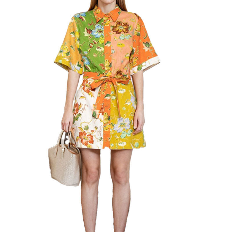 Women Dresses Designer Spring Evening Dress Beach Dresses Fashion Printed Elegant Turn Down Collar Tie Short Sleeve Dress Luxury Dress Birthday Dress