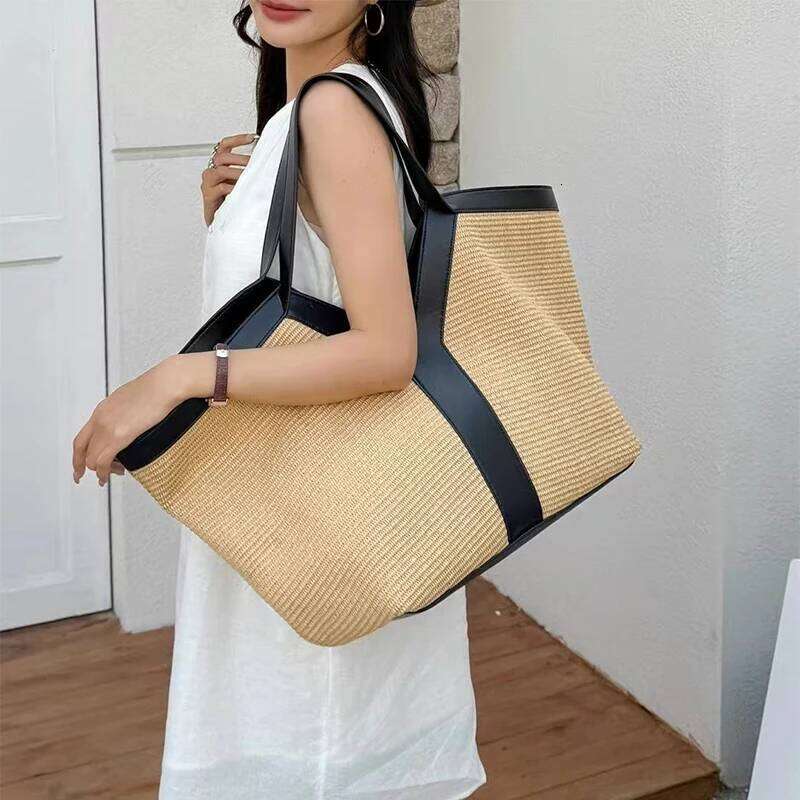 Y-Shaped Design Shoulder Brand Seaside Beach Vacation Travel Hollow Straw Large Capacity Tote Bag Casual Light Handbag