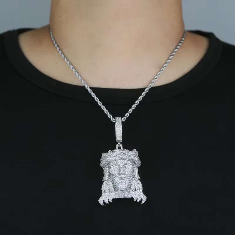 Huge Two Tone Spooky Silver Jesus Hair Head Zircon Crown Charm Iced Out Jumbo Pendant Cubic Zirconia Necklace