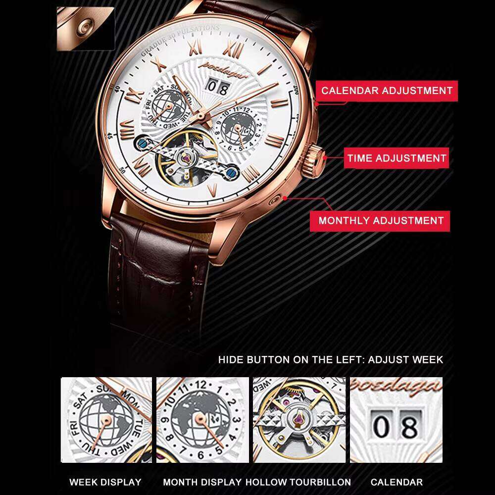 DHgargets Automatic Mechanical Tourbillon Business Casual Date&Week&Month Luminous Waterproof Leather Men Watch Hot Relojes