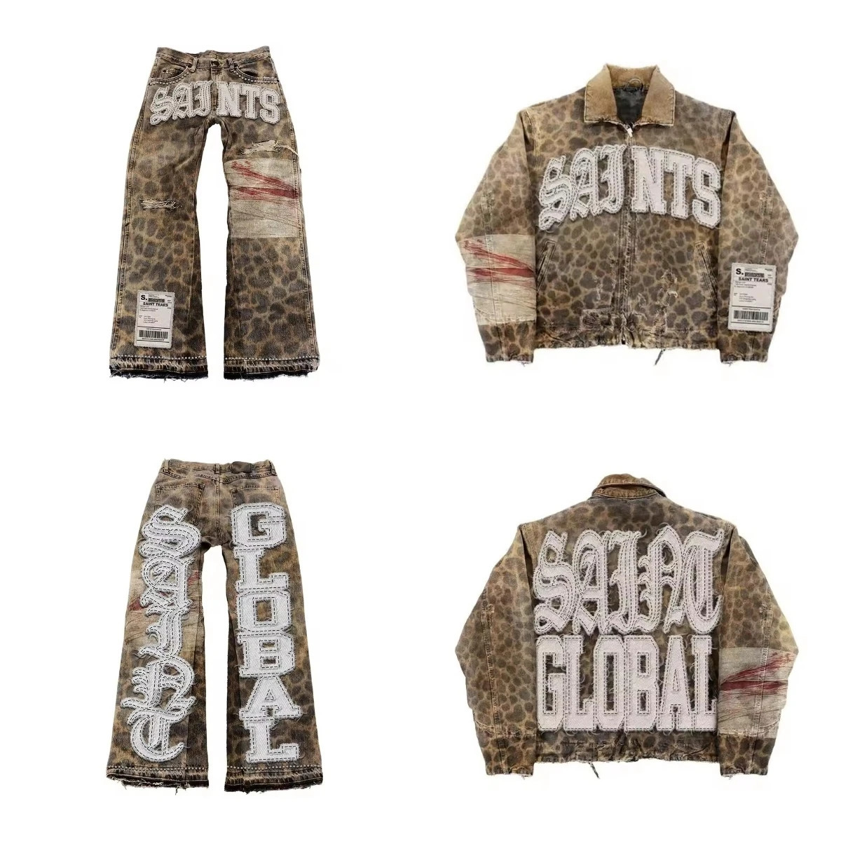 Gothic Retro Leopard Print Pattern Mens Clothes Y2k Two Piece Set Zipper Jacket Ripped Jeans Tracksuit Men Patchwork Streetwear 250618