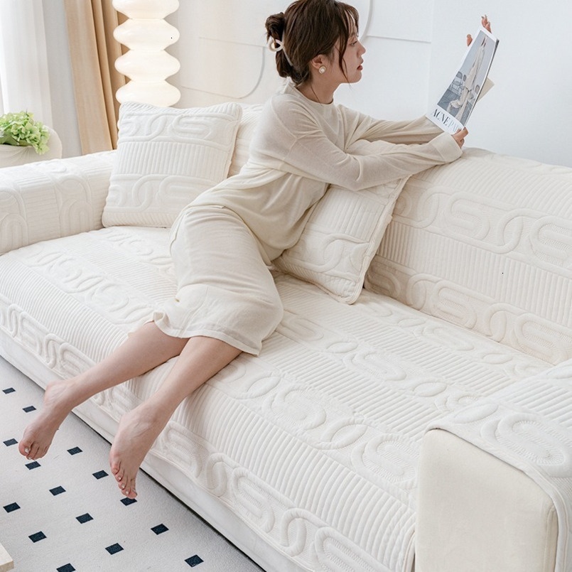 Thick Short Plush Fabric Non-Slip Modern New White Light Luxury Seat Cushion Anti-Cat Scratch Sofa Cover