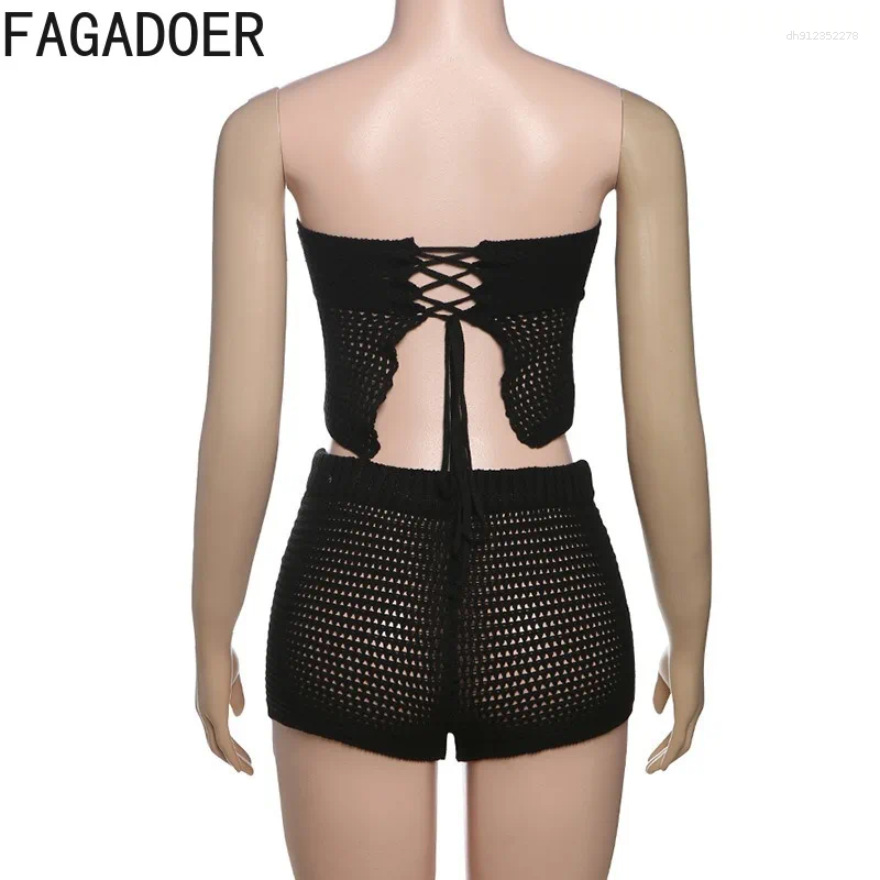 Women's Tracksuits FAGADOER Sexy Knitted Flower Hollow Out 2 Piece Sets Woman Outfit Sleeveless Backless Tops Shorts Suits Female Streetwear
