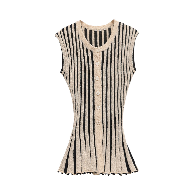 2025 Spring/Summer New Casual Women's Clothing Striped Cut Shoulder Down Coat Round Neck Buckle Decoration